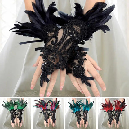 Lace Faux Feather Long Glove Gothic Mesh Embroidery Mitten