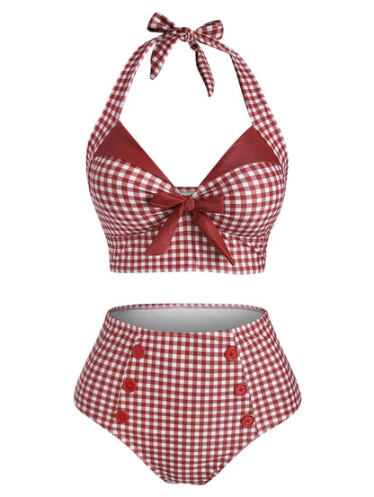 Tummy Control Tankini Swimwear Vintage Plaid Print Swimsuit