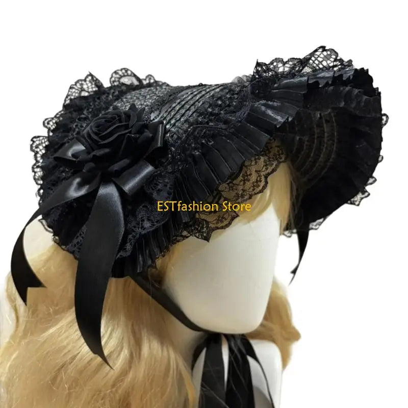 Straw Bonnet Hat With Lace Trim Bowknot