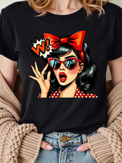 Retro Pop Art Woman Graphic T-Shirt Vintage 50s Pin Up Comic Book