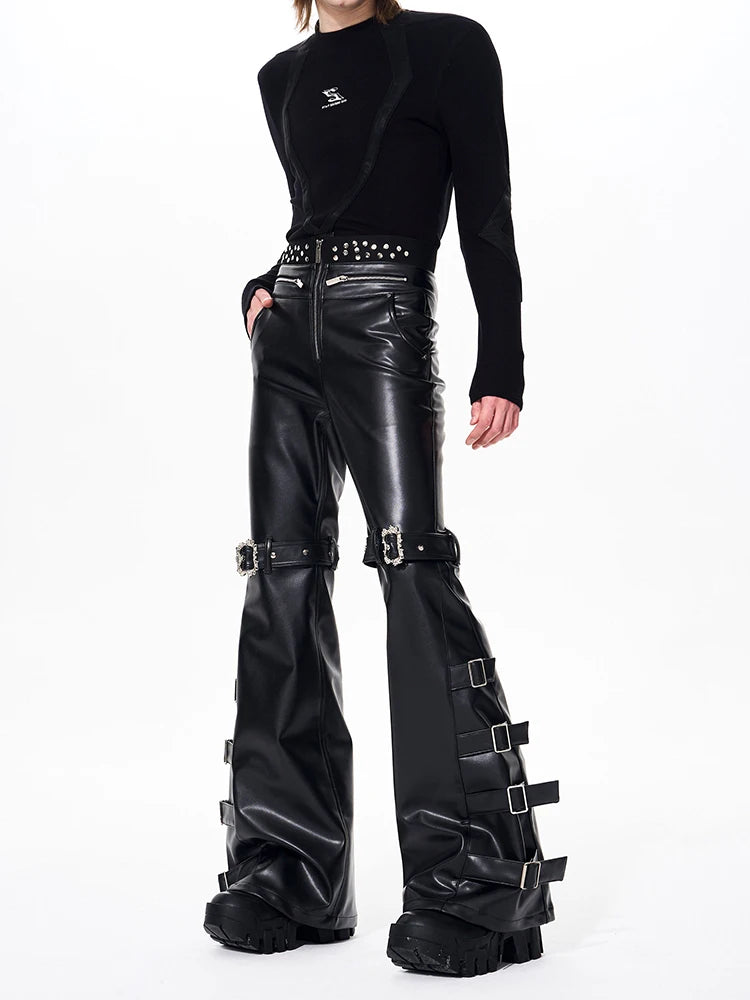 Mauroicardi Long Black Pu Leather Flare Pants for Men Rivet