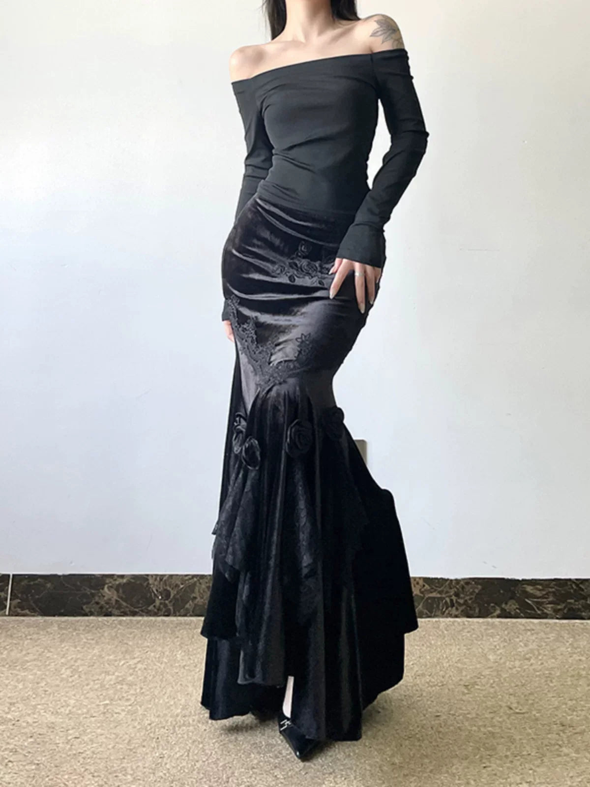 Black Vintage Gothic Velvet Fishtail Asymmetrical Skirt