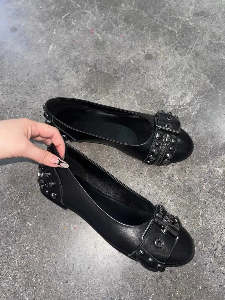 Black studded ballet leather flats metal buckled round toe sandals