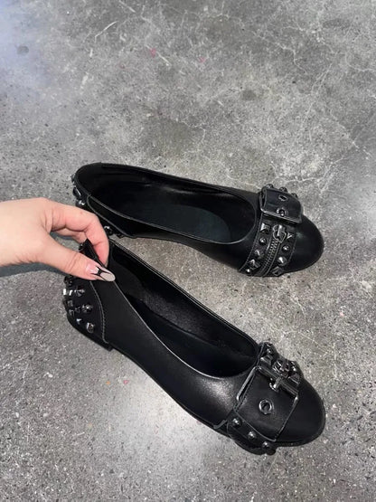 Black studded ballet leather flats metal buckled round toe sandals