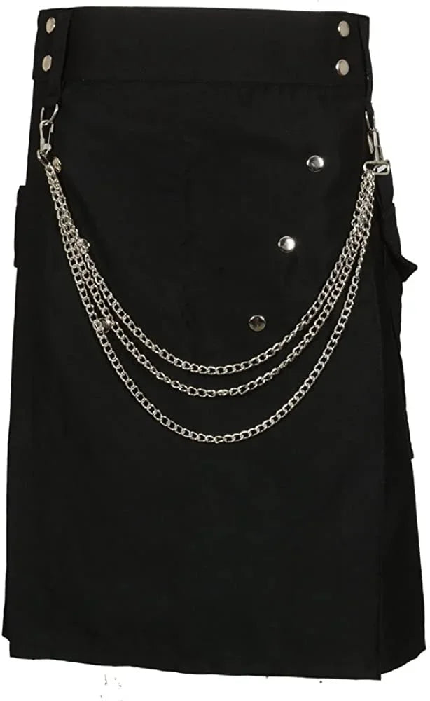 Mens Skirt Vintage Kilt Scotland Gothic Kendo Pocket Skirts With Silver Chains
