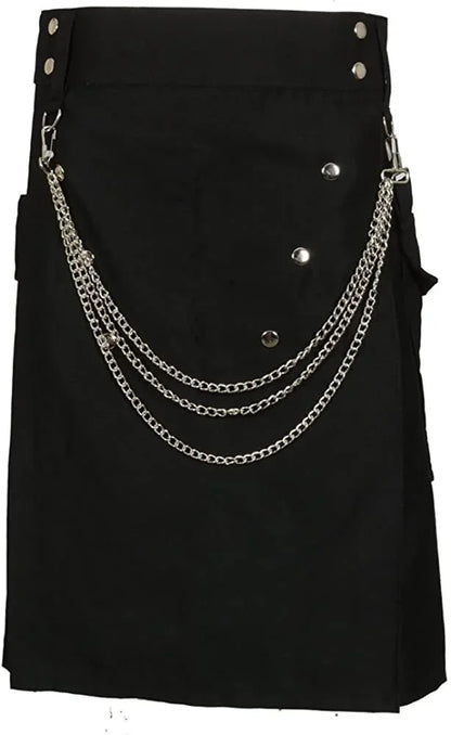 Mens Skirt Vintage Kilt Scotland Gothic Kendo Pocket Skirts With Silver Chains