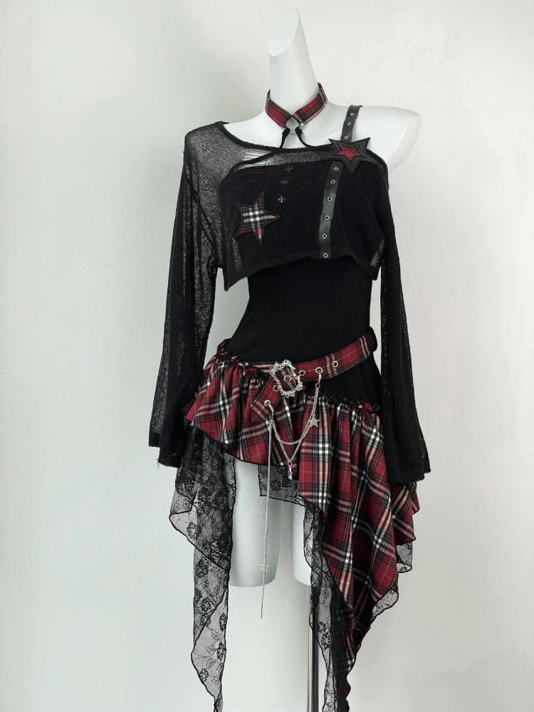 Gothic 2 Piece Set  Black Blouse + Chic Irregular Dress Vintage Suit