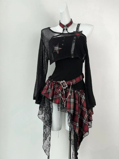 Gothic 2 Piece Set  Black Blouse + Chic Irregular Dress Vintage Suit