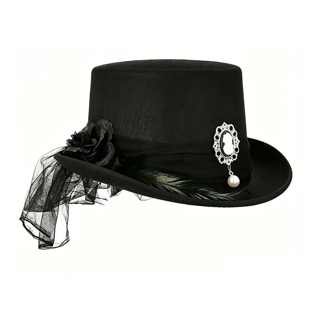 Gothic Black Lace Top Hat Vintage Pearl Elegant Victorian Steampunk