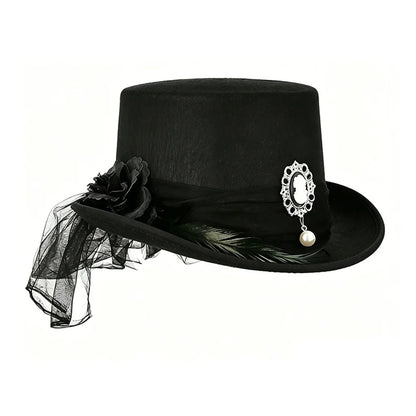 Gothic Black Lace Top Hat Vintage Pearl Elegant Victorian Steampunk