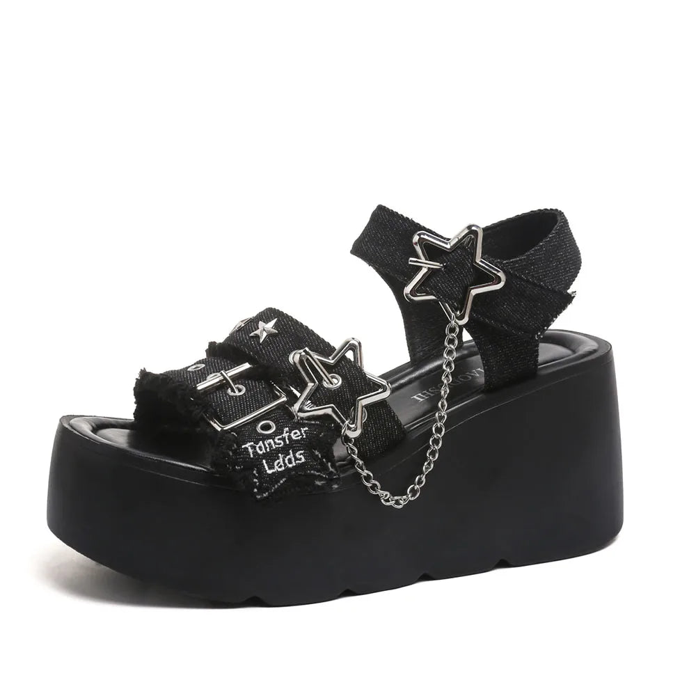 Gothic Chunky Platform Wedges Sandals Slides with Chain