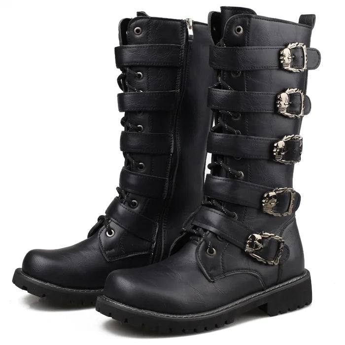 Men's Leather Motorcycle Boots Mid-calf Boots Gothic Belt