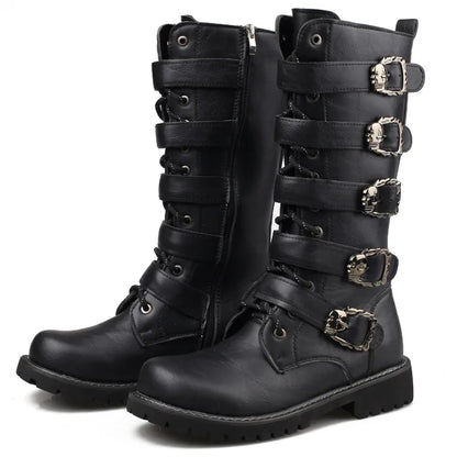Men's Leather Motorcycle Boots Mid-calf Boots Gothic Belt