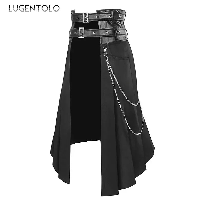 Men Pleated Skirt Asymmetric Black Chain