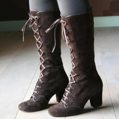 Knee high Retro Boots Lace Up Thick Heels Shoes