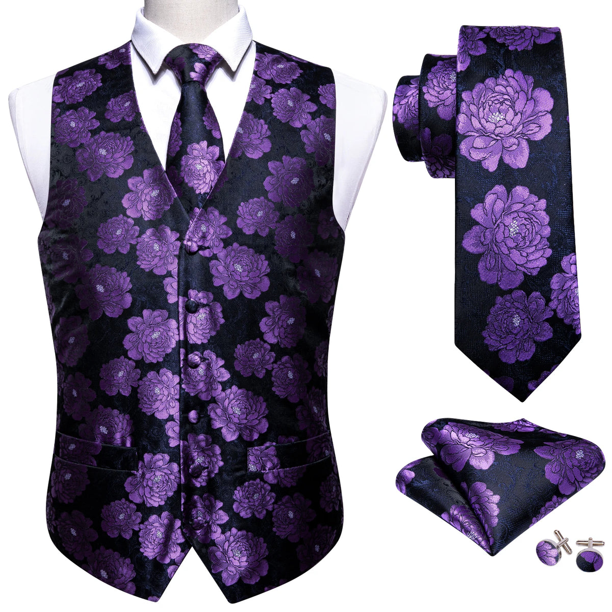 Lilac Purple Violet Lavender Silk Men Vest Tie Hanky Cufflinks Set Woven Waistcoat Sleeveless