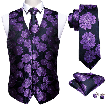 Lilac Purple Violet Lavender Silk Men Vest Tie Hanky Cufflinks Set Woven Waistcoat Sleeveless