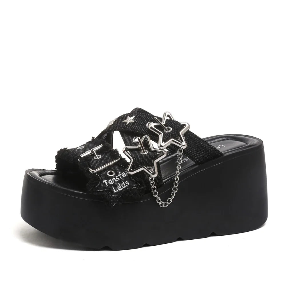 Gothic Chunky Platform Wedges Sandals Slides with Chain