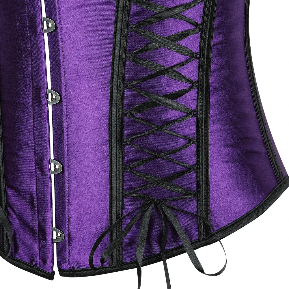 Overbust Corsets Purple Lace Up Boned Bustiers Victorian Ribbon Satin
