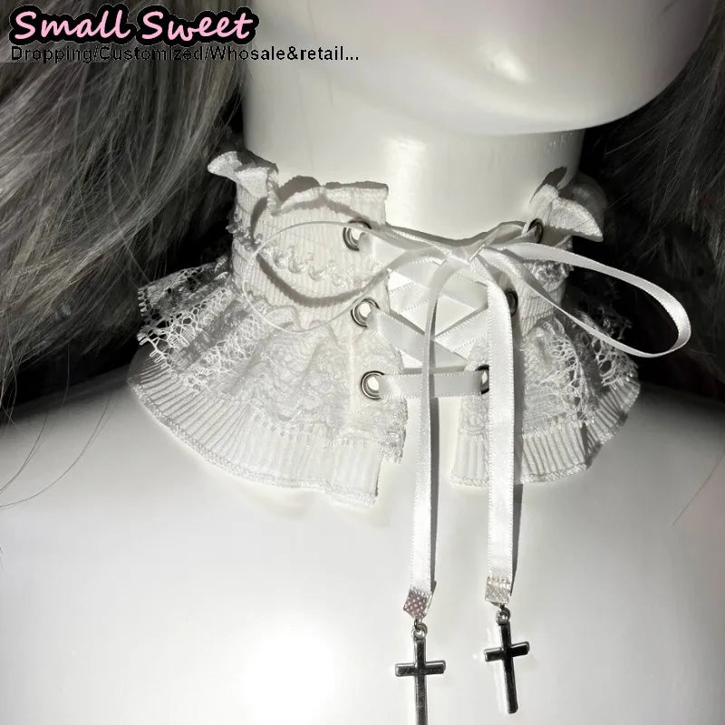 Lace Ruffle Elastic Tie With Metal Cross Pendant Collar