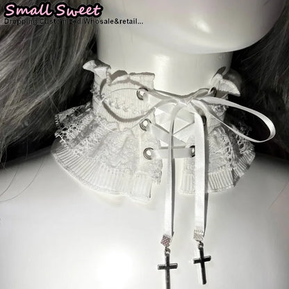 Lace Ruffle Elastic Tie With Metal Cross Pendant Collar