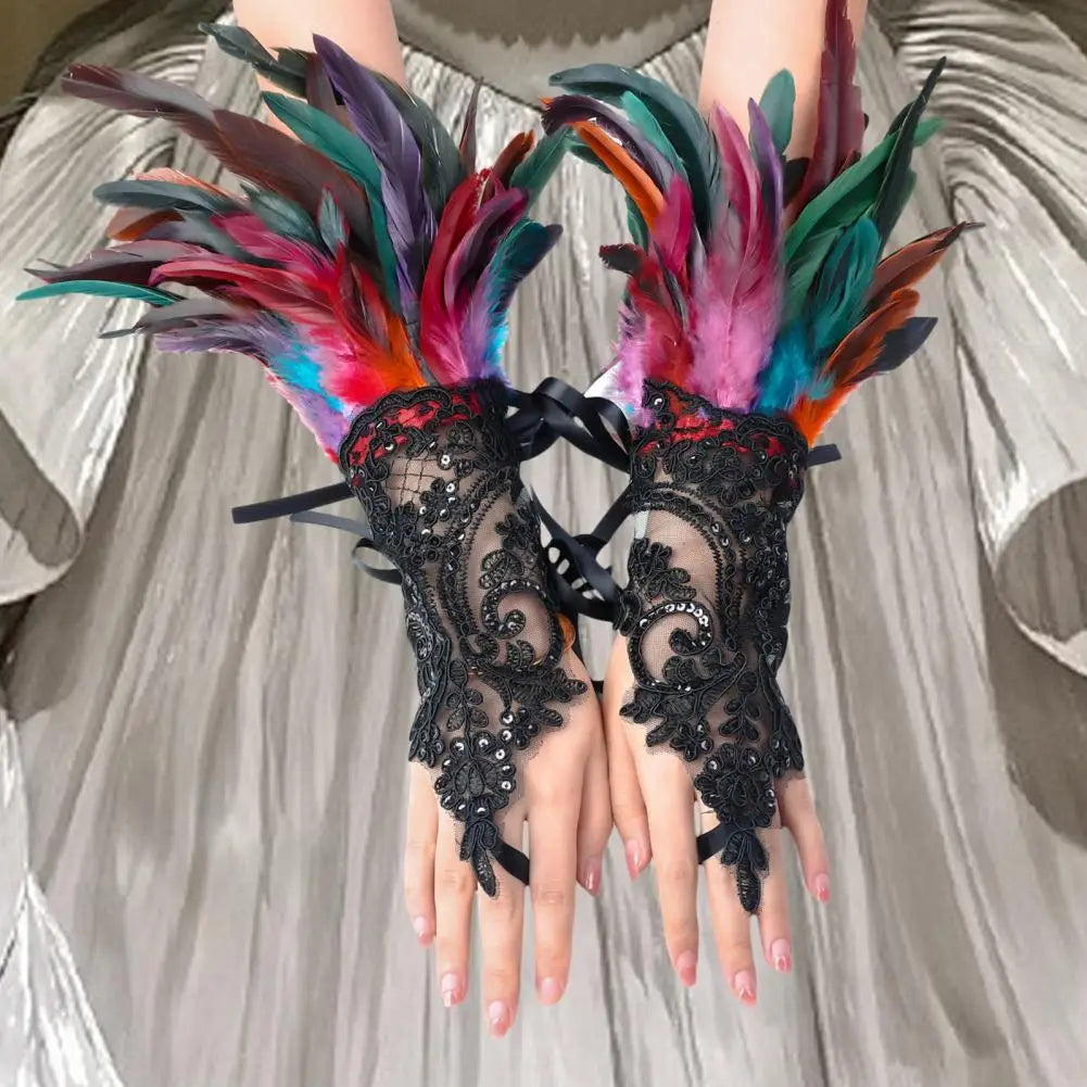 Lace Faux Feather Long Glove Gothic Mesh Embroidery Mitten