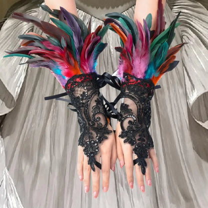Lace Faux Feather Long Glove Gothic Mesh Embroidery Mitten