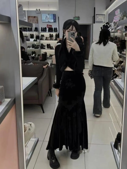 Black Vintage Gothic Velvet Fishtail Asymmetrical Skirt