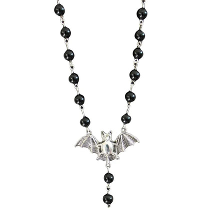 Artificial Pearl Bead Long Sweater Chain Vintage Bat and Pentacle Pendant Necklace