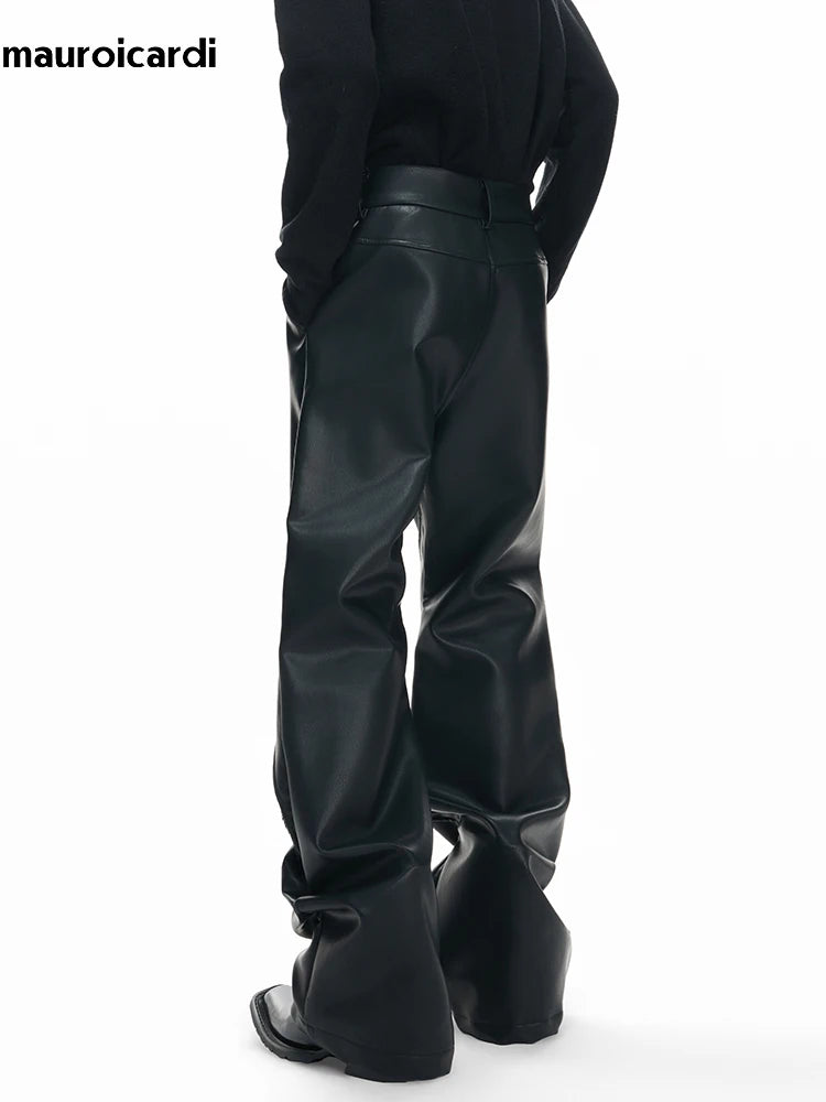 Mauroicardi Pu Leather Straight Pants High Waist with Split Metal Buckle