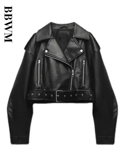 Oversized Vintage Loose Leather Short Jacket with Belt