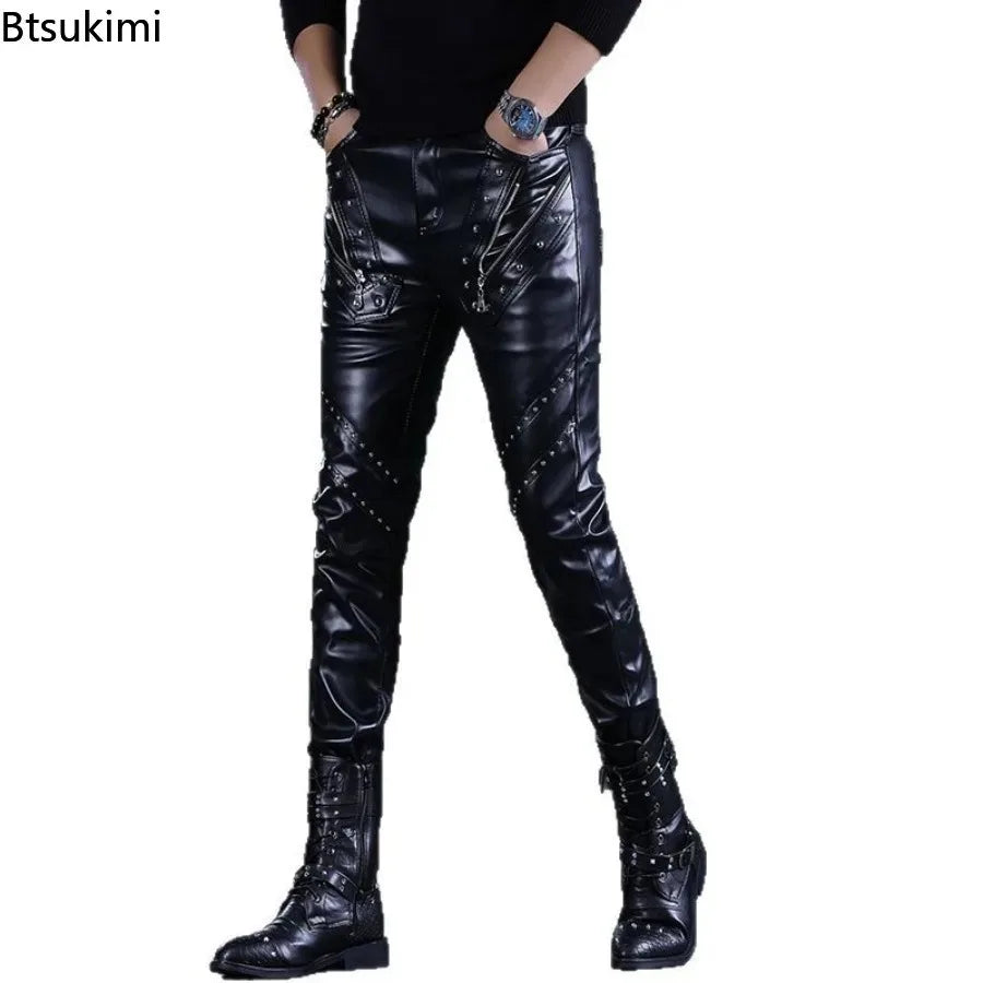 Rock Style PU Leather Rivets Zipper Slim Motorcycle Trousers