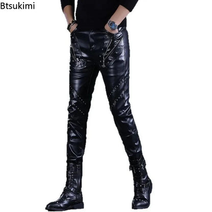 Rock Style PU Leather Rivets Zipper Slim Motorcycle Trousers