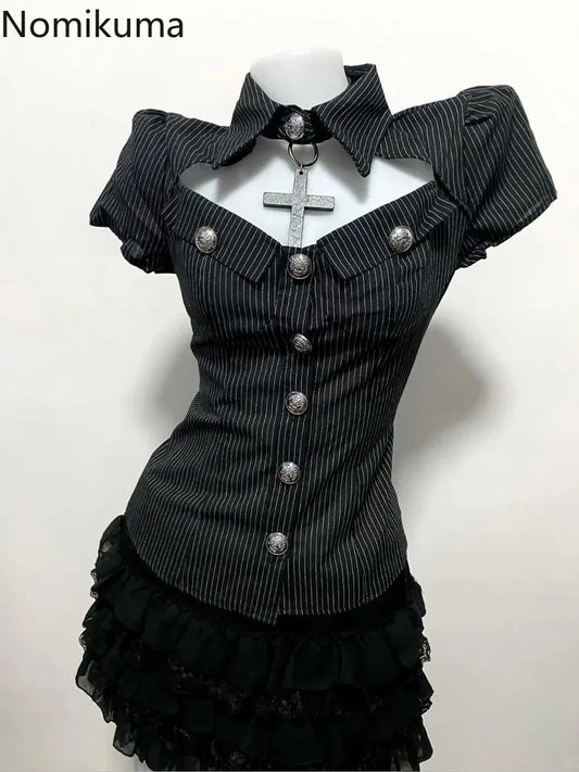 2 Piece Sets Slim Waist Striped Blouses A-line Mini Skirt Suit