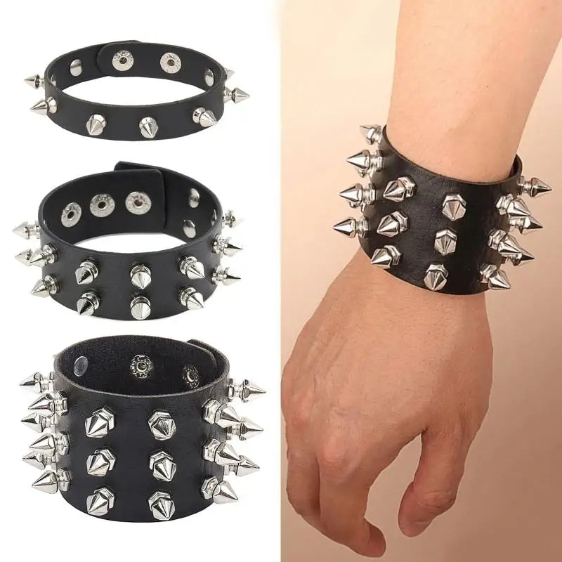 Punk Bracelet Goth Black Leather Wristband with Metal Spike Studded Cuff Bangle Adjustable