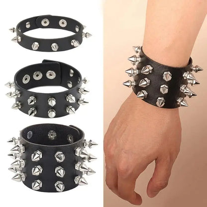 Punk Bracelet Goth Black Leather Wristband with Metal Spike Studded Cuff Bangle Adjustable