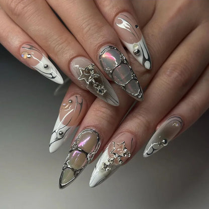 24Pcs Almond Press On Nails Goth Silve Rhinestone