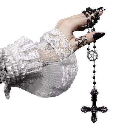 Goth Hollowed-out Circle Lacework Inverted Cross Pendant Black Bead Chain Necklace