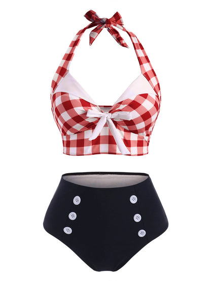 Tummy Control Tankini Swimwear Vintage Plaid Print Swimsuit