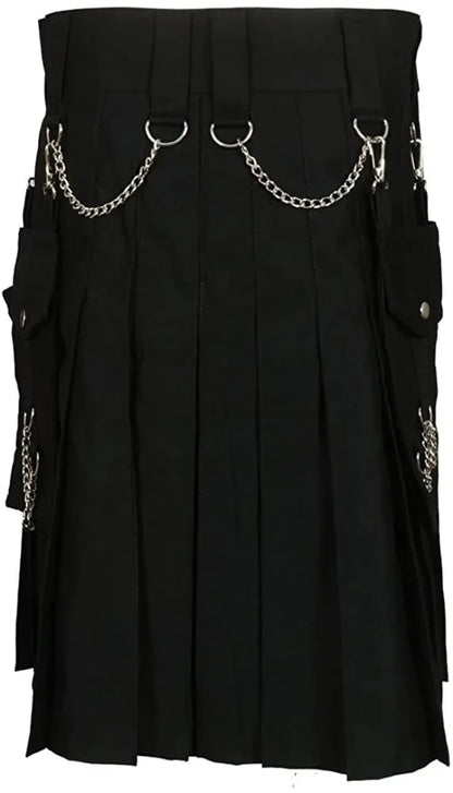 Mens Skirt Vintage Kilt Scotland Gothic Kendo Pocket Skirts With Silver Chains