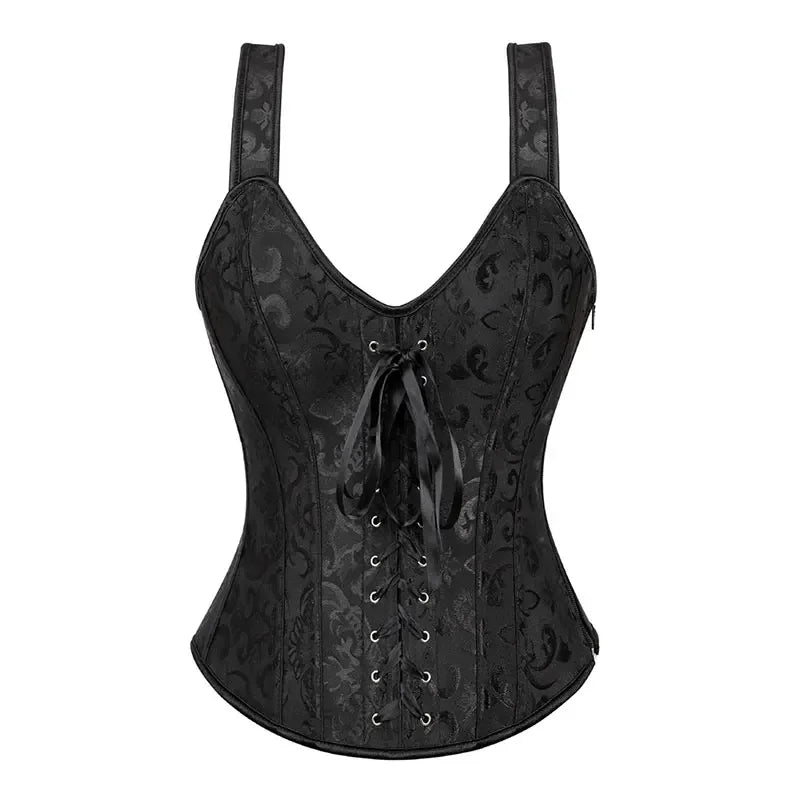 Sexy Women Corset with Straps Black Overbust Floral Jacquard Corsets Zipper Bustier