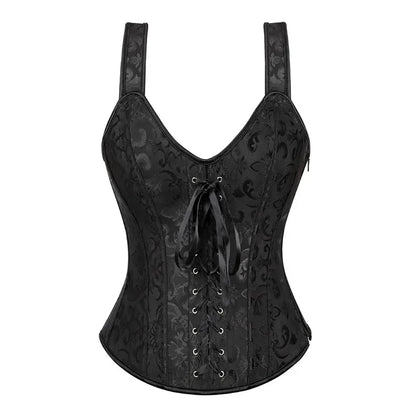 Sexy Women Corset with Straps Black Overbust Floral Jacquard Corsets Zipper Bustier