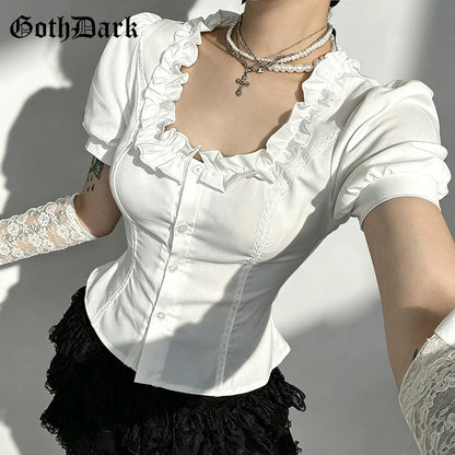 Goth Dark White Elegant U-neck Short Sleeve Shirt Blouse Ruffles Button Tops Office Shirts