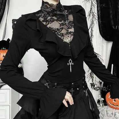 Goth Vampire Lace Splicing Top Ruffle Edge