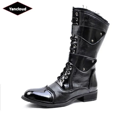 Gothic Punk Dance Boots for Men Mid Calf Warm Soft Leather Motorcycle