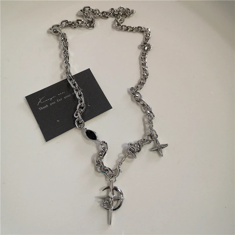 Punk Rock Black Heart Cross Pendant Chain Necklace Goth Accessories