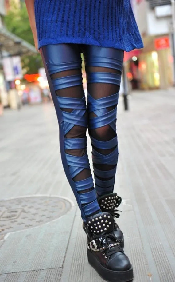 Metal ring leggings gothic lace leather rivet pants