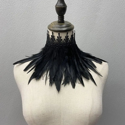 Black Feather Choker Collar Neck Cover Cape Shawl With Lace