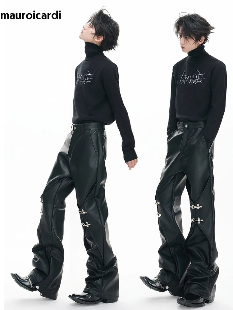 Mauroicardi Pu Leather Straight Pants High Waist with Split Metal Buckle