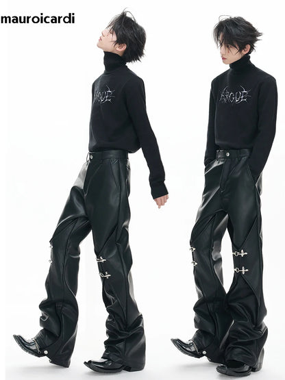 Mauroicardi Pu Leather Straight Pants High Waist with Split Metal Buckle